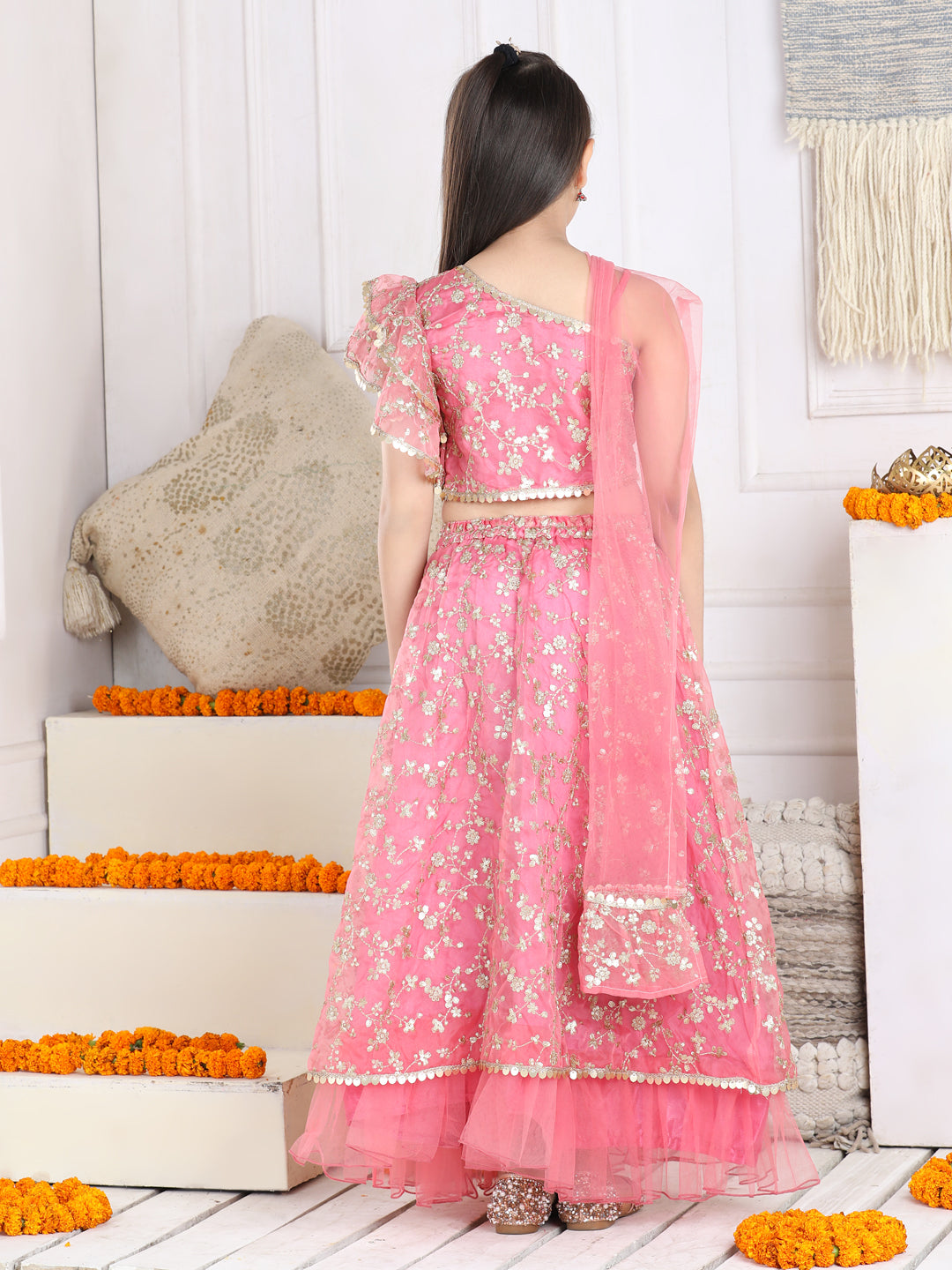 Cutiekins Sequinned Lehenga Choli & Dupatta Set-Pink & Golden