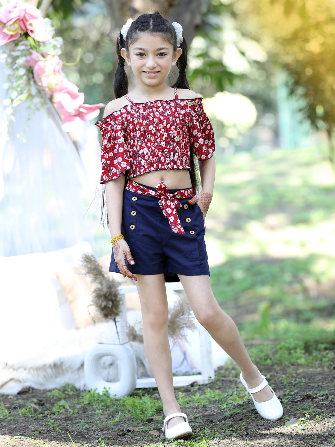 Cutiekins Shoulder Straps Printed Crop Top & Shorts Set -Red & Navy Blue