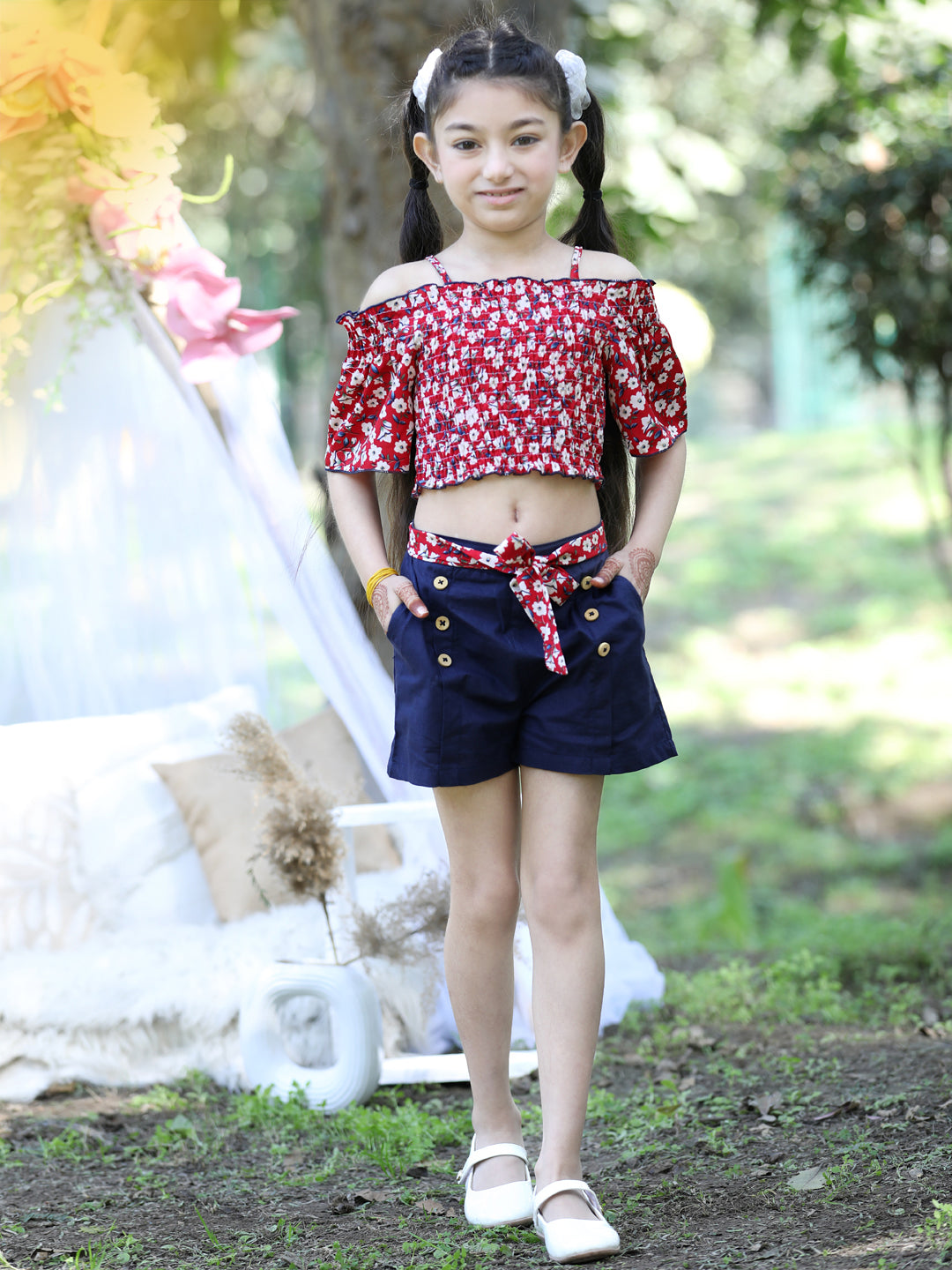 Cutiekins Shoulder Straps Printed Crop Top & Shorts Set -Red & Navy Blue