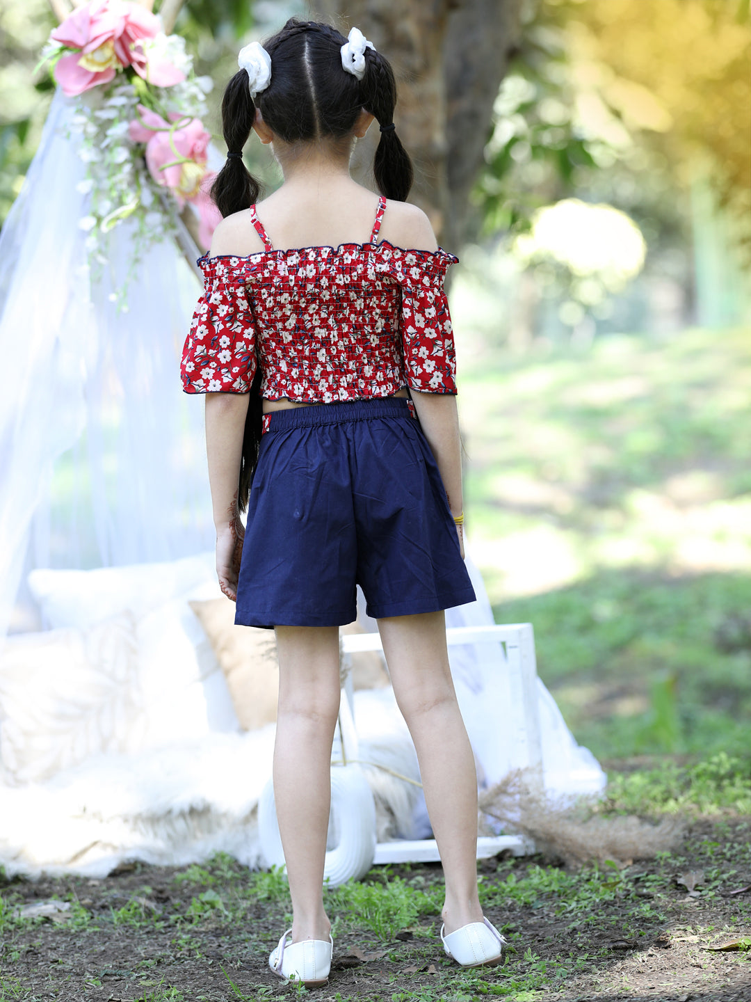 Cutiekins Shoulder Straps Printed Crop Top & Shorts Set -Red & Navy Blue