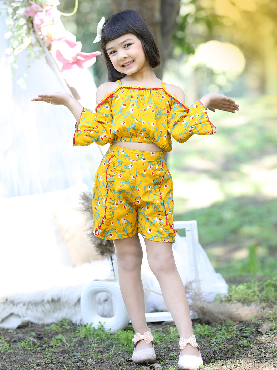 Cutiekins Shoulder Straps Printed Crop Top & Shorts Set -Yellow & Green