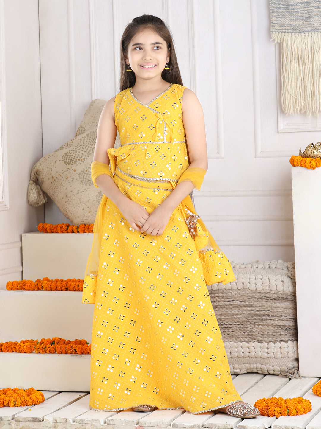 Cutiekins Mirror Work Lehenga Choli & Dupatta Set-Yellow & Golden