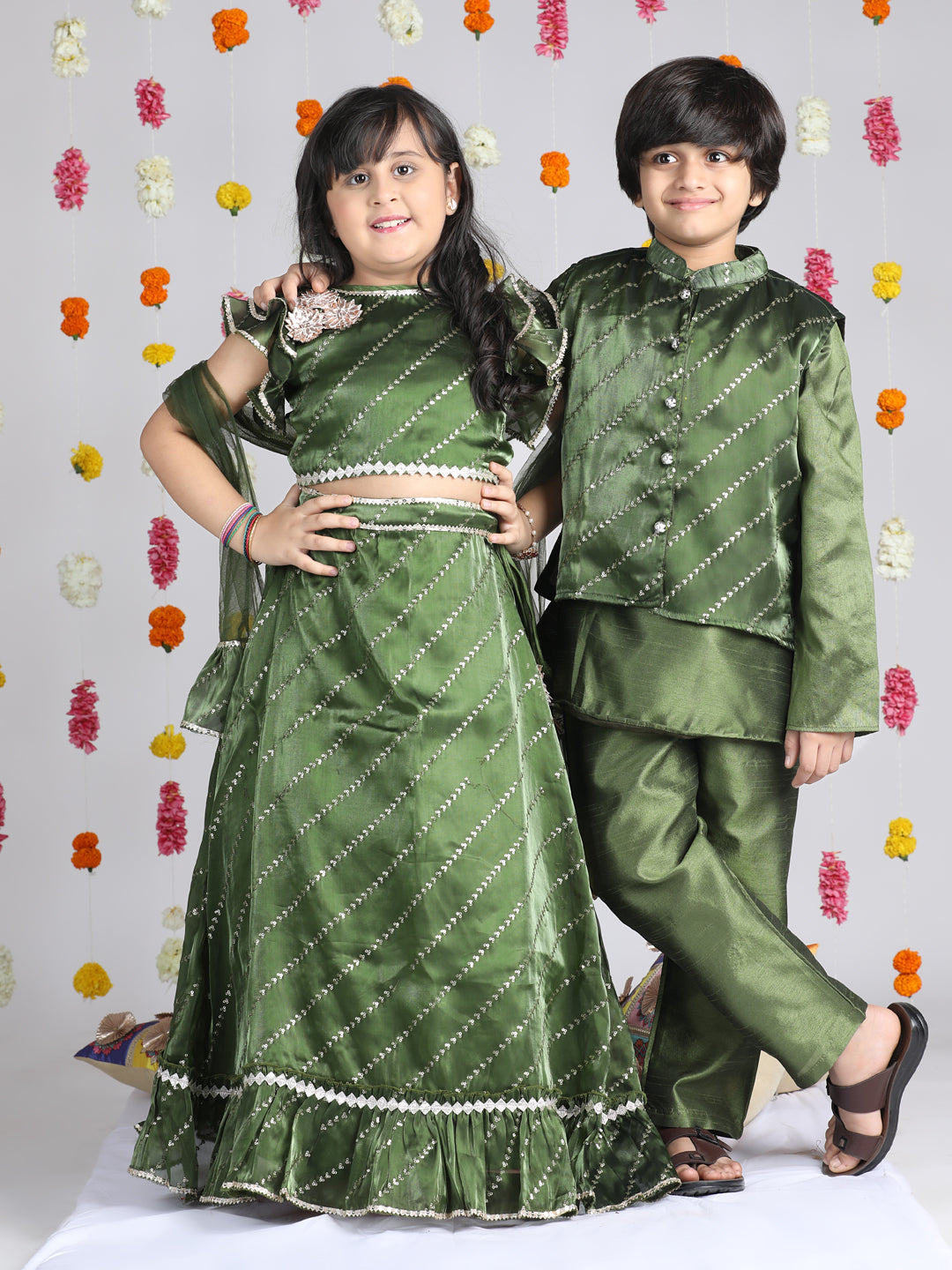 Cutiekins Boys Embroidered Regular Mirror Work Kurta & Pyjama with Jacket -Olive Green & Gold