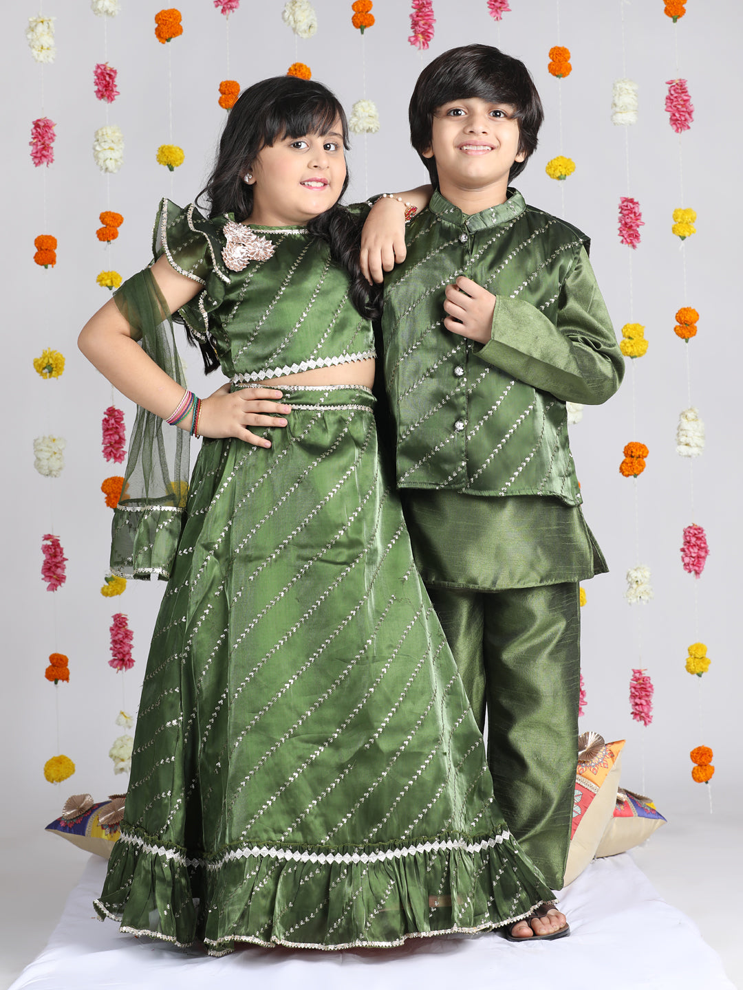 Cutiekins Boys Embroidered Regular Mirror Work Kurta & Pyjama with Jacket -Olive Green & Gold