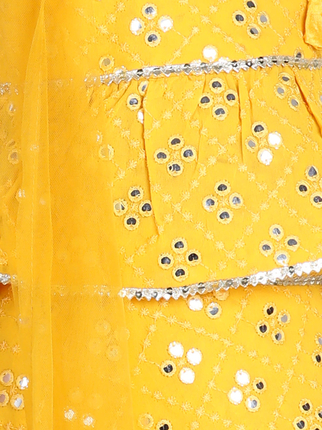 Cutiekins Mirror Work Lehenga Choli & Dupatta Set-Yellow & Golden