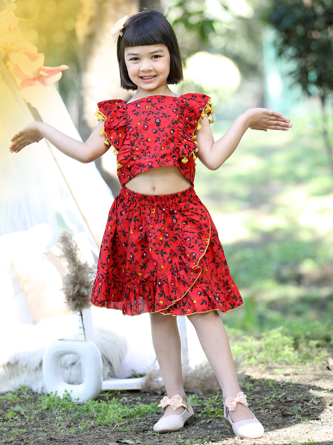 Cutiekins Square Neck Printed Crop Top & Skirt Set -Red & Yellow