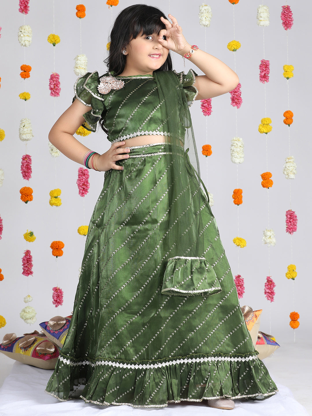 Cutiekins Girls Embroidered Sequinned Ready to Wear Lehenga & Blouse With Dupatta -Olive Green & Gold