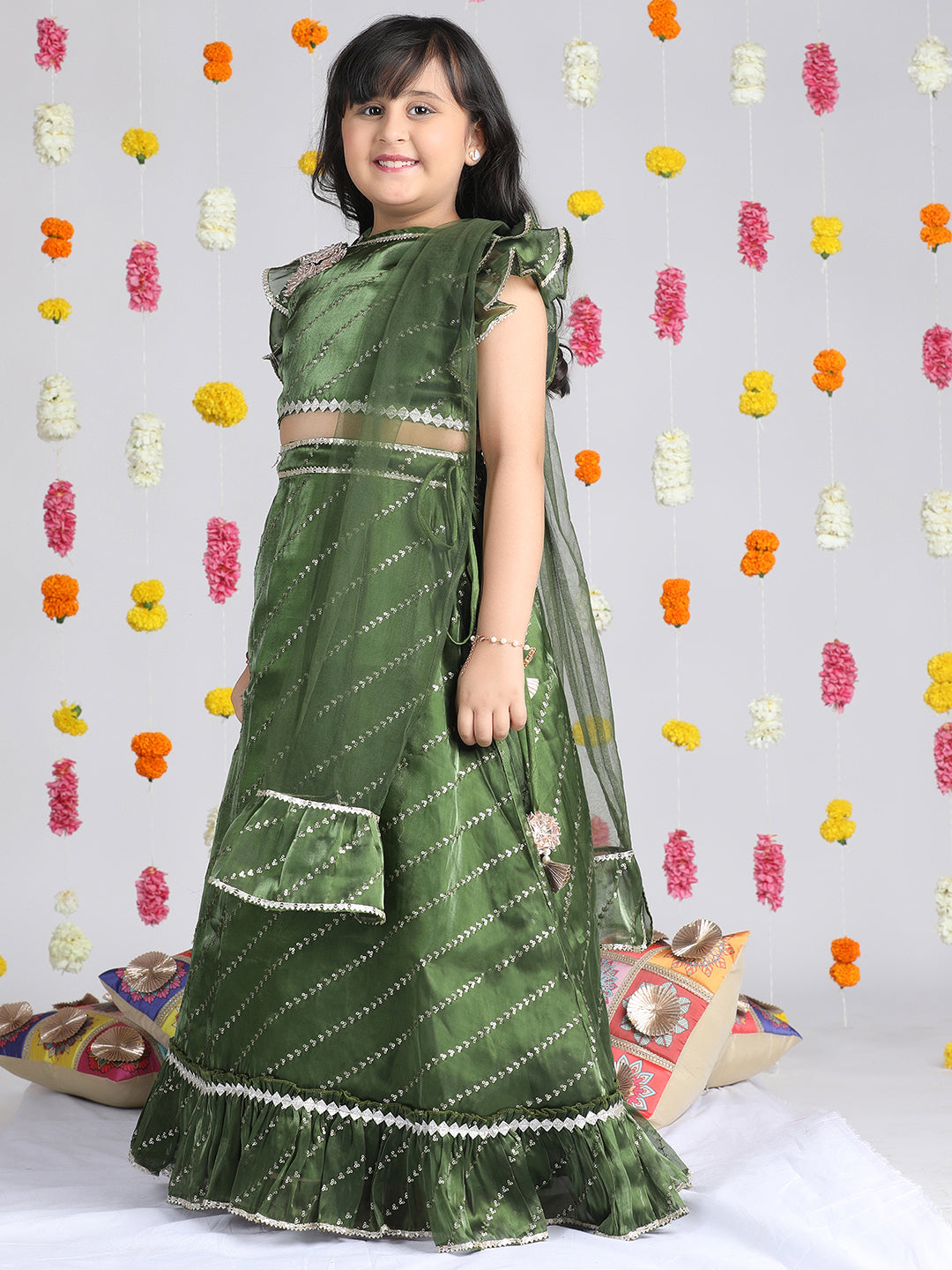 Cutiekins Girls Embroidered Sequinned Ready to Wear Lehenga & Blouse With Dupatta -Olive Green & Gold