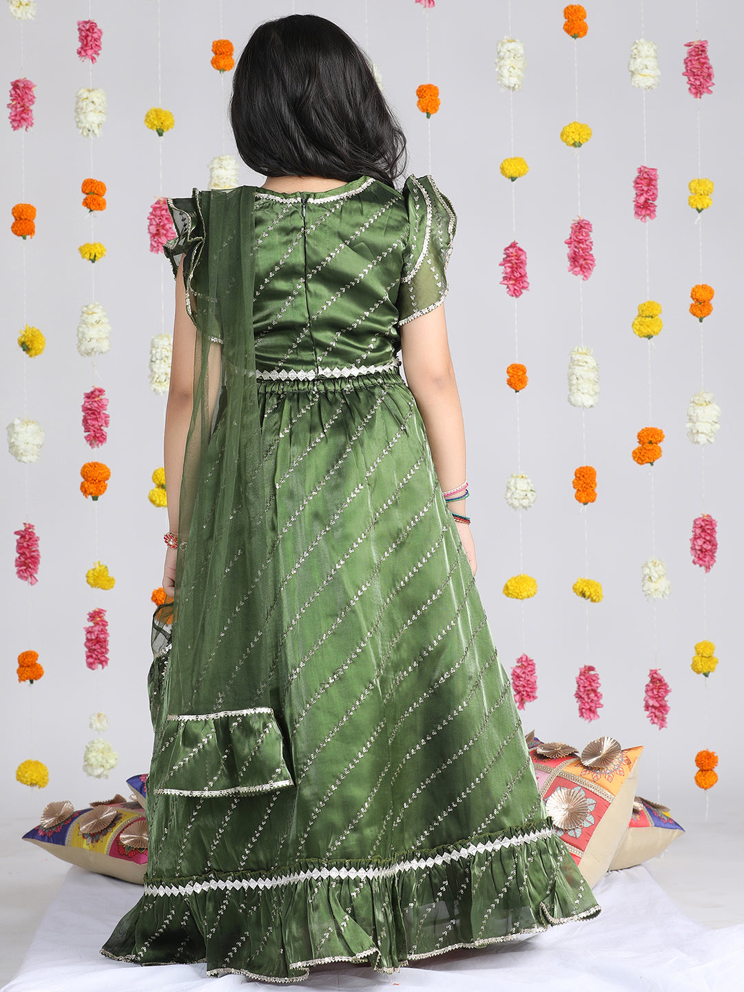 Cutiekins Girls Embroidered Sequinned Ready to Wear Lehenga & Blouse With Dupatta -Olive Green & Gold