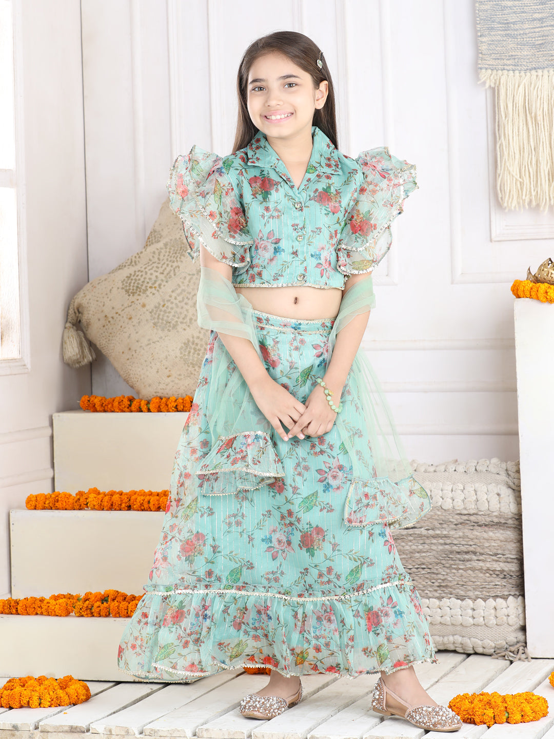 Cutiekins Printed Lehenga Choli & Dupatta Set-Turquoise Blue & Golden