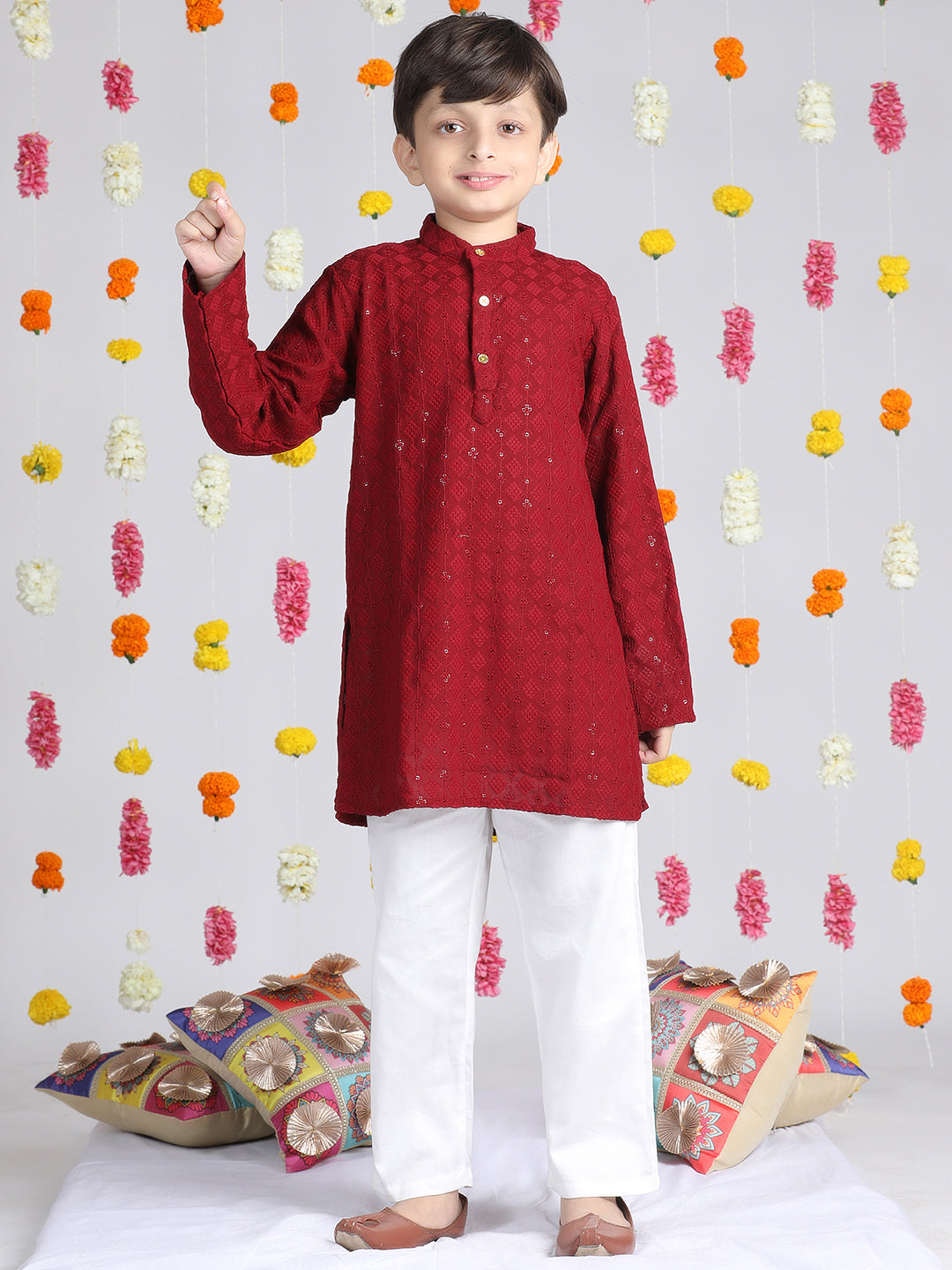 Cutiekins Boys Self design Kurta with Pyjama -Maroon & White