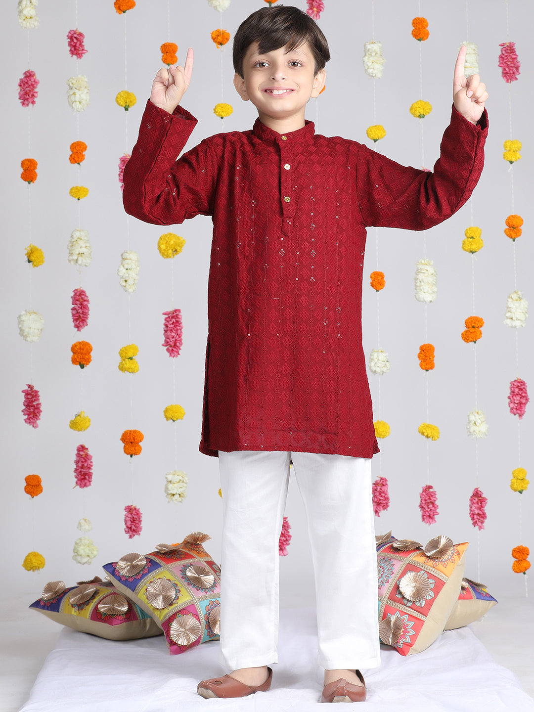 Cutiekins Boys Self design Kurta with Pyjama -Maroon & White