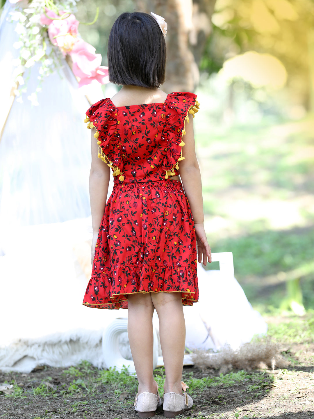 Cutiekins Square Neck Printed Crop Top & Skirt Set -Red & Yellow