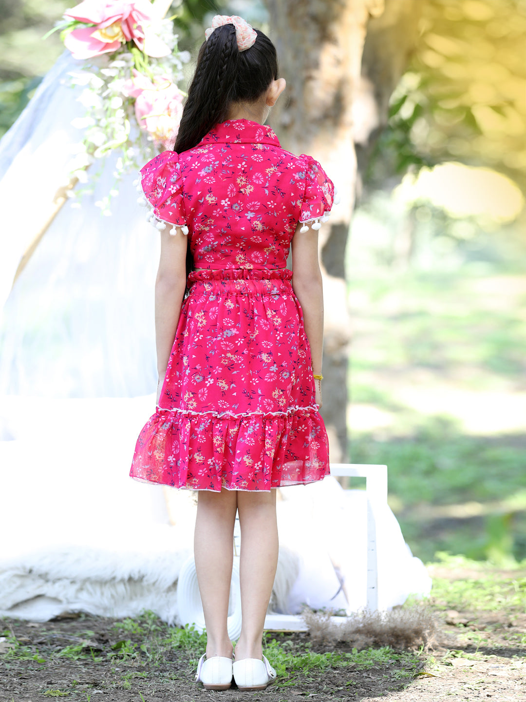 Cutiekins Shirt Collar Neck Printed Crop Top & Skirt Set -Pink & White