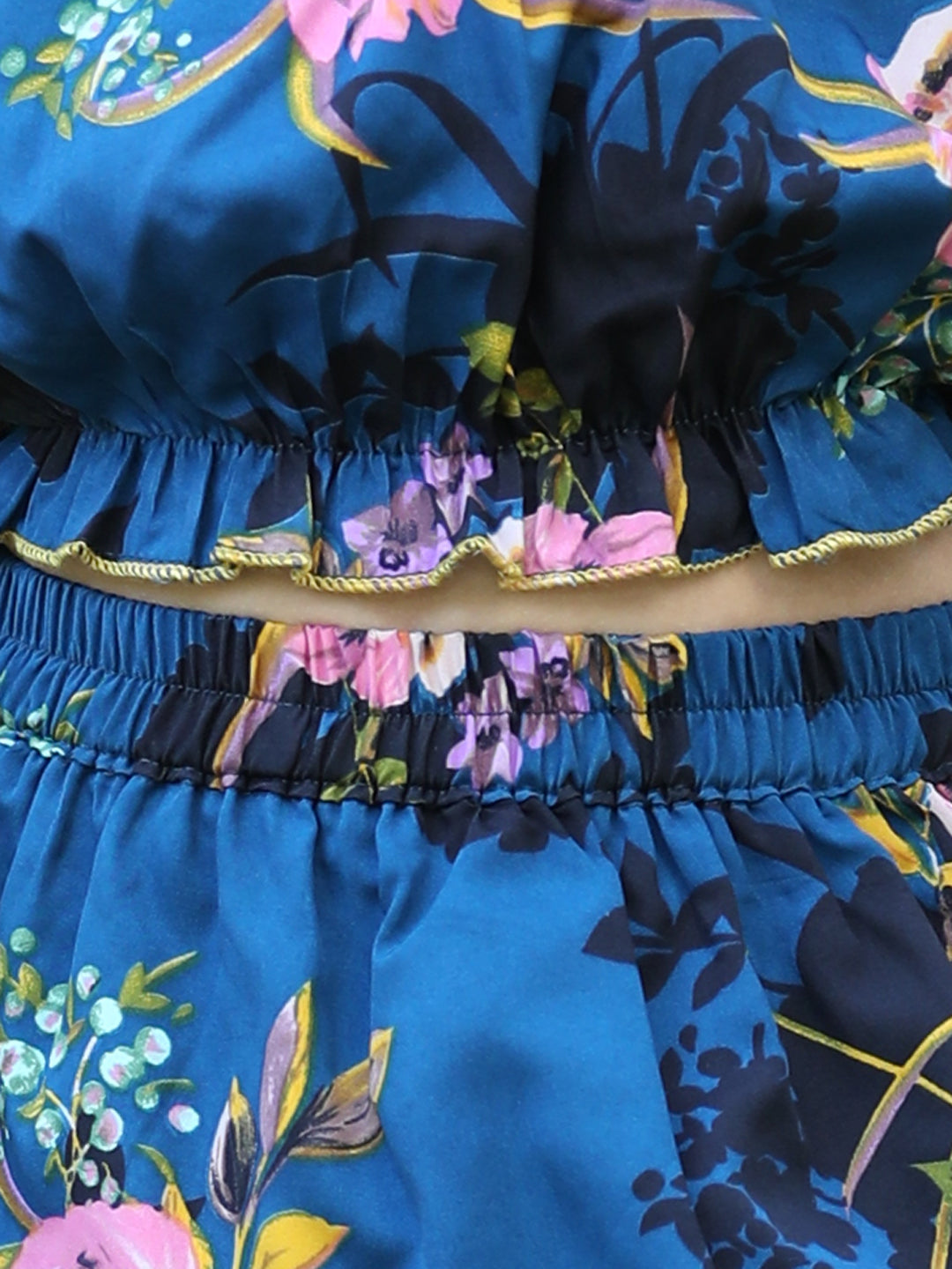 Cutiekins Shoulder Straps Printed Crop Top & Skirt Set -Teal Blue & Yellow
