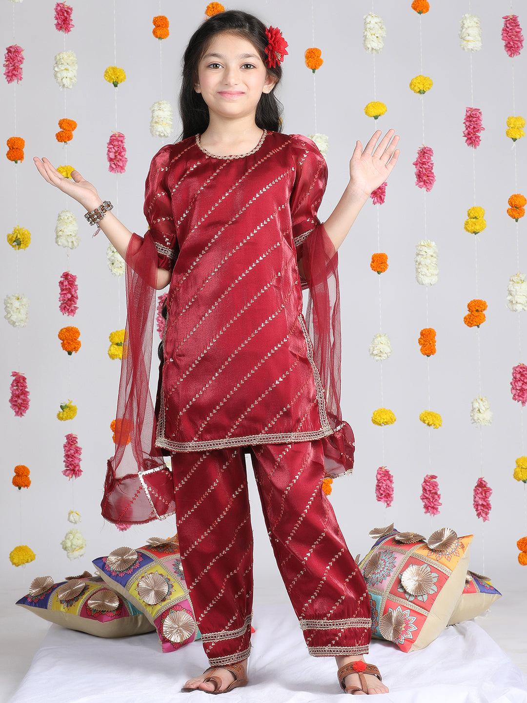 Cutiekins Girls Embroidered Ethnic Motifs Print Kurta & Palazzo with Dupatta -Maroon & Gold