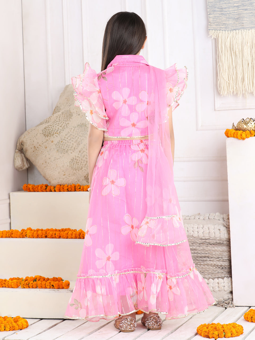 Cutiekins Printed Lehenga Choli & Dupatta Set-Pink & Golden