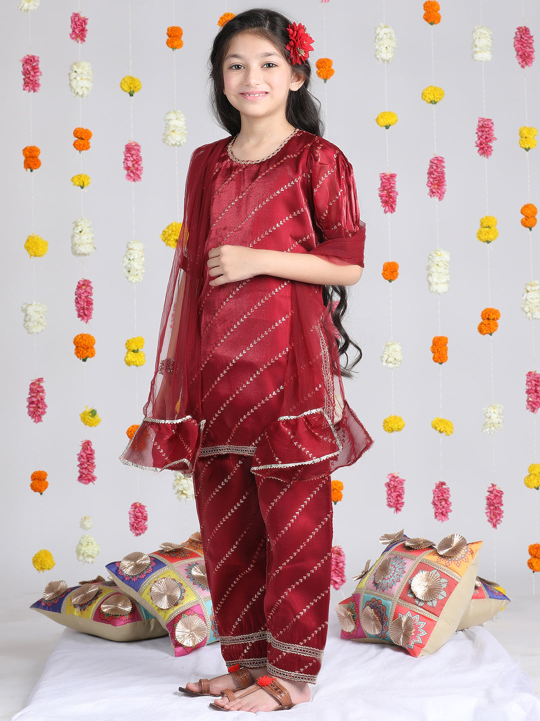 Cutiekins Girls Embroidered Ethnic Motifs Print Kurta & Palazzo with Dupatta -Maroon & Gold