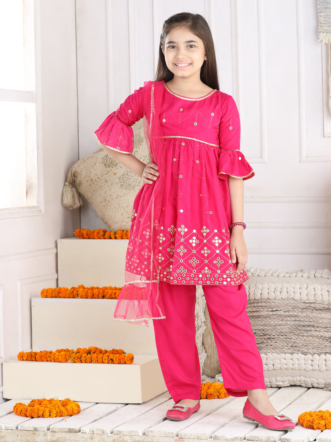 Cutiekins Faux Mirror Embroided A-line Kurta, Palazzo & Dupatta Set-Magenta Pink & Golden