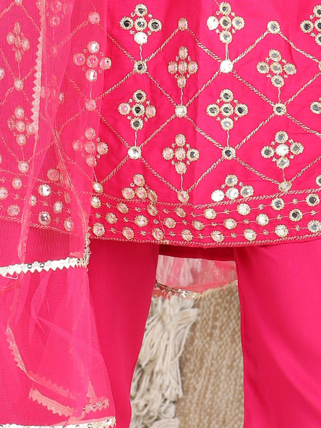 Cutiekins Faux Mirror Embroided A-line Kurta, Palazzo & Dupatta Set-Magenta Pink & Golden