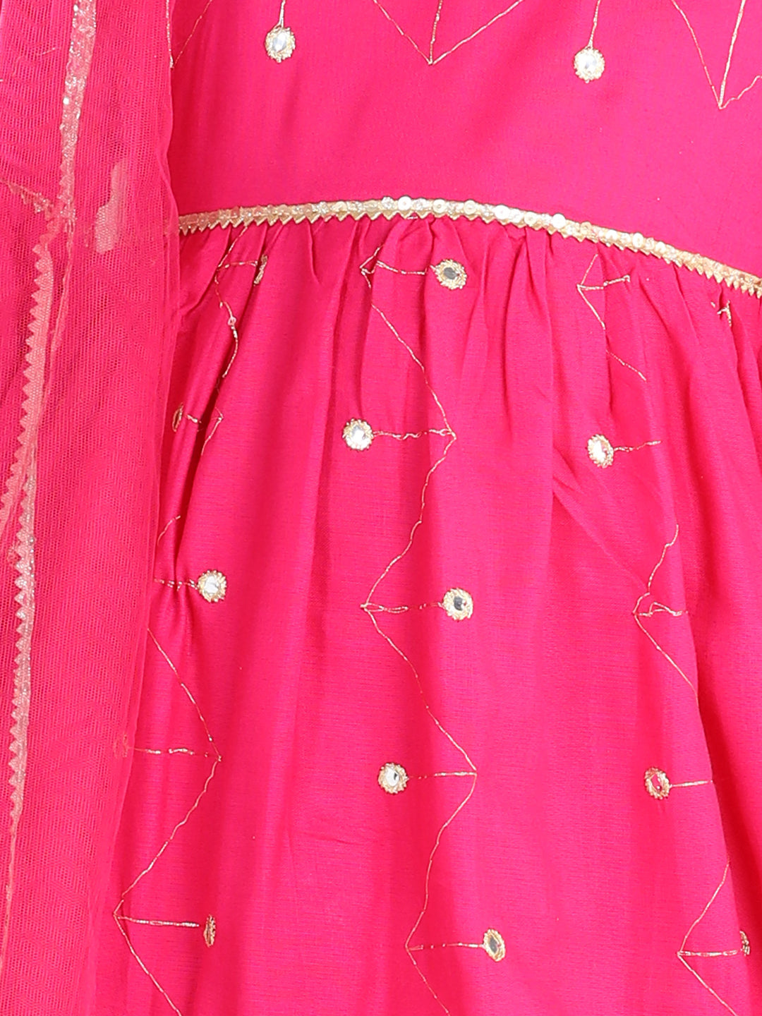 Cutiekins Faux Mirror Embroided A-line Kurta, Palazzo & Dupatta Set-Magenta Pink & Golden