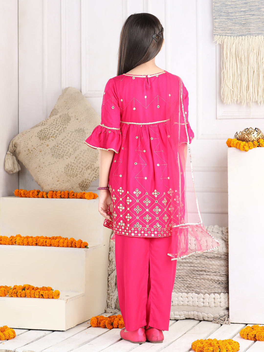 Cutiekins Faux Mirror Embroided A-line Kurta, Palazzo & Dupatta Set-Magenta Pink & Golden