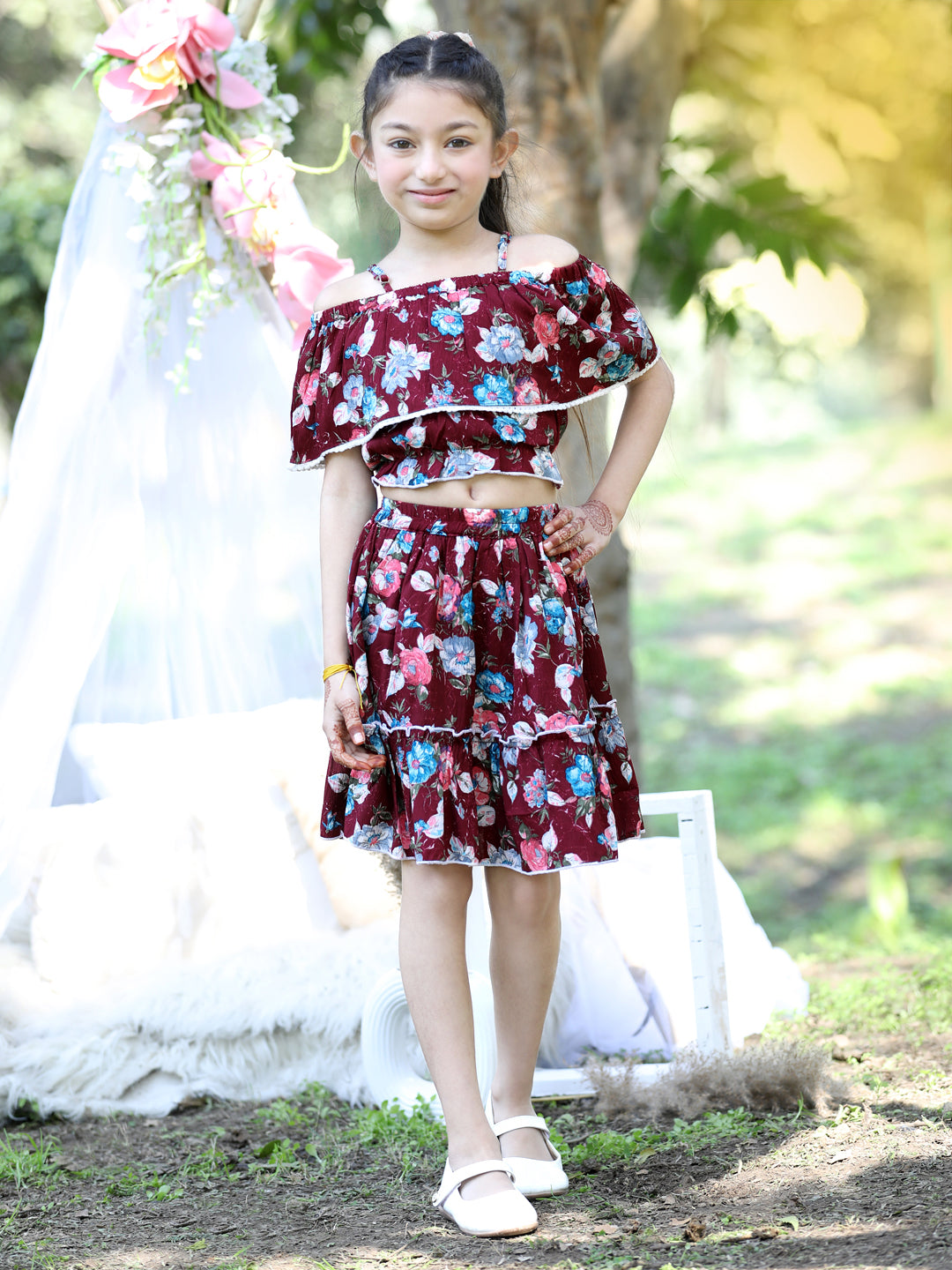 Cutiekins Shoulder Straps Printed Crop Top & Skirt Set -Maroon & White