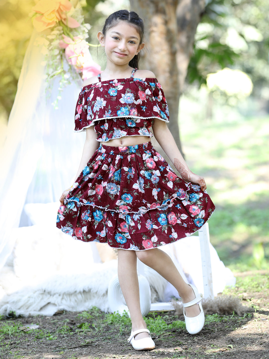 Cutiekins Shoulder Straps Printed Crop Top & Skirt Set -Maroon & White