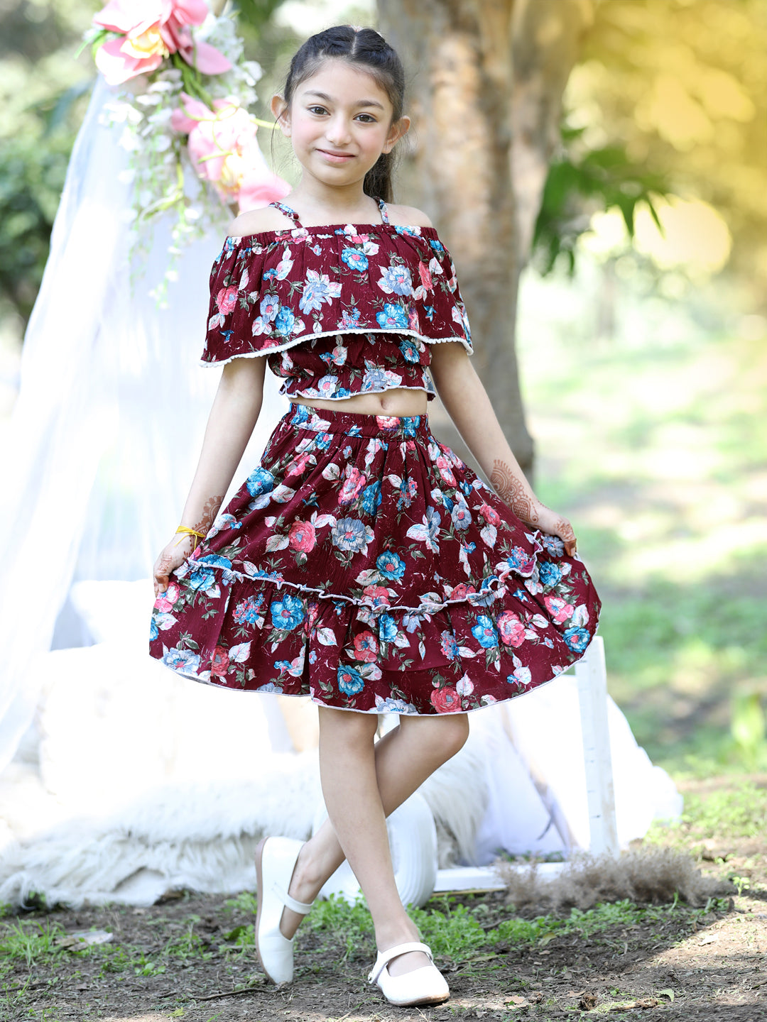 Cutiekins Shoulder Straps Printed Crop Top & Skirt Set -Maroon & White