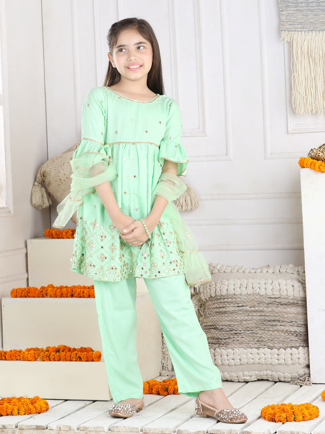 Cutiekins Faux Mirror Embroided A-line Kurta, Palazzo & Dupatta Set-Mint Green & Golden