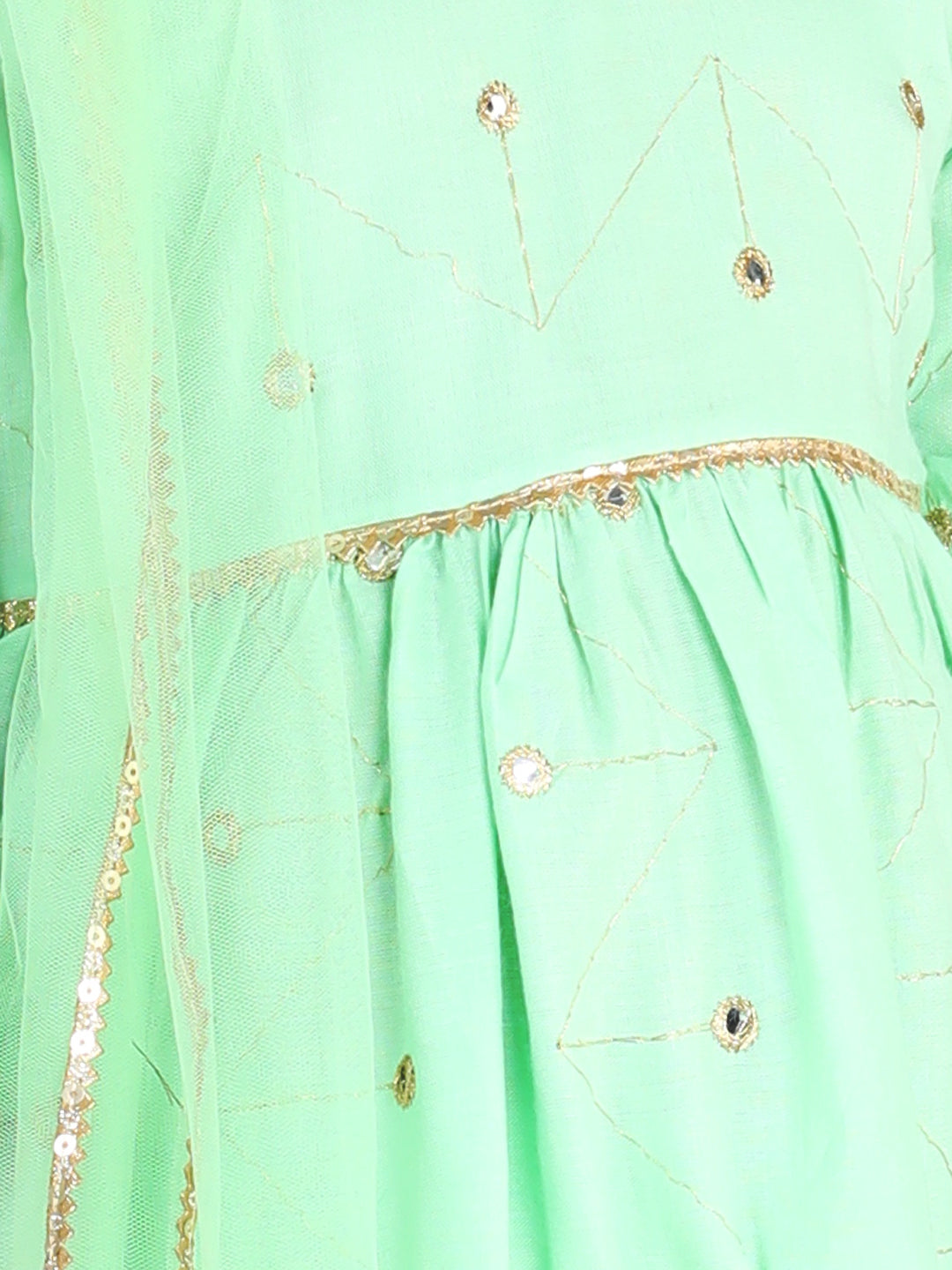 Cutiekins Faux Mirror Embroided A-line Kurta, Palazzo & Dupatta Set-Mint Green & Golden