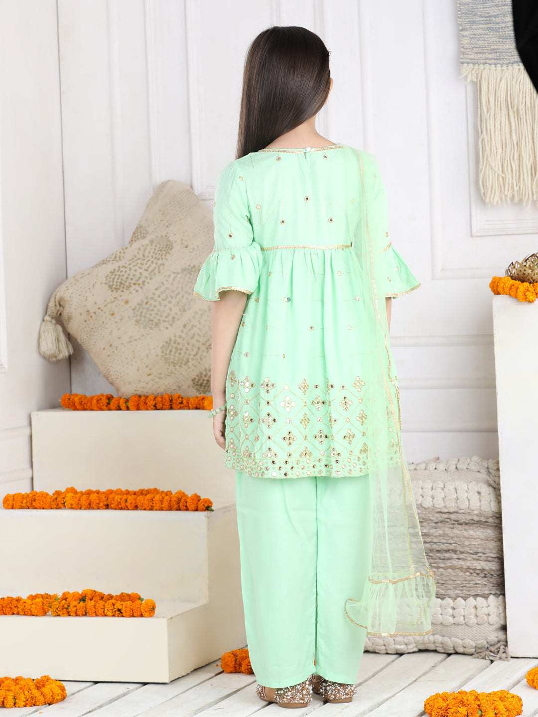 Cutiekins Faux Mirror Embroided A-line Kurta, Palazzo & Dupatta Set-Mint Green & Golden