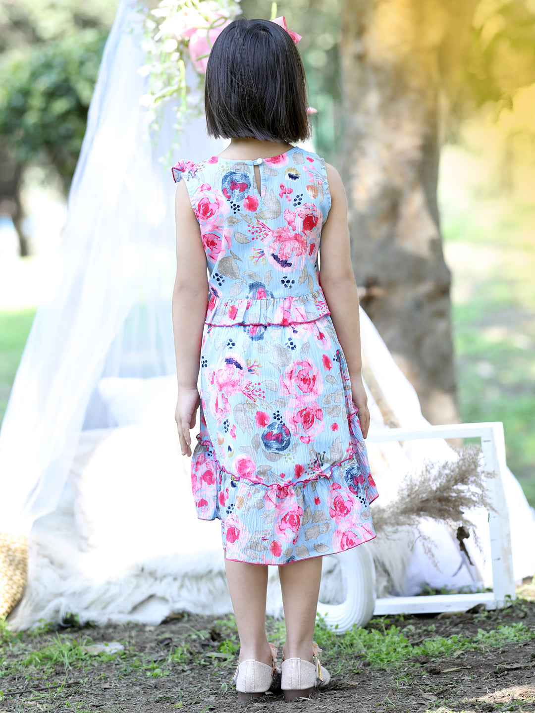 Cutiekins Round Neck Printed Crop Top & Skirt Set -Sky Blue & Pink