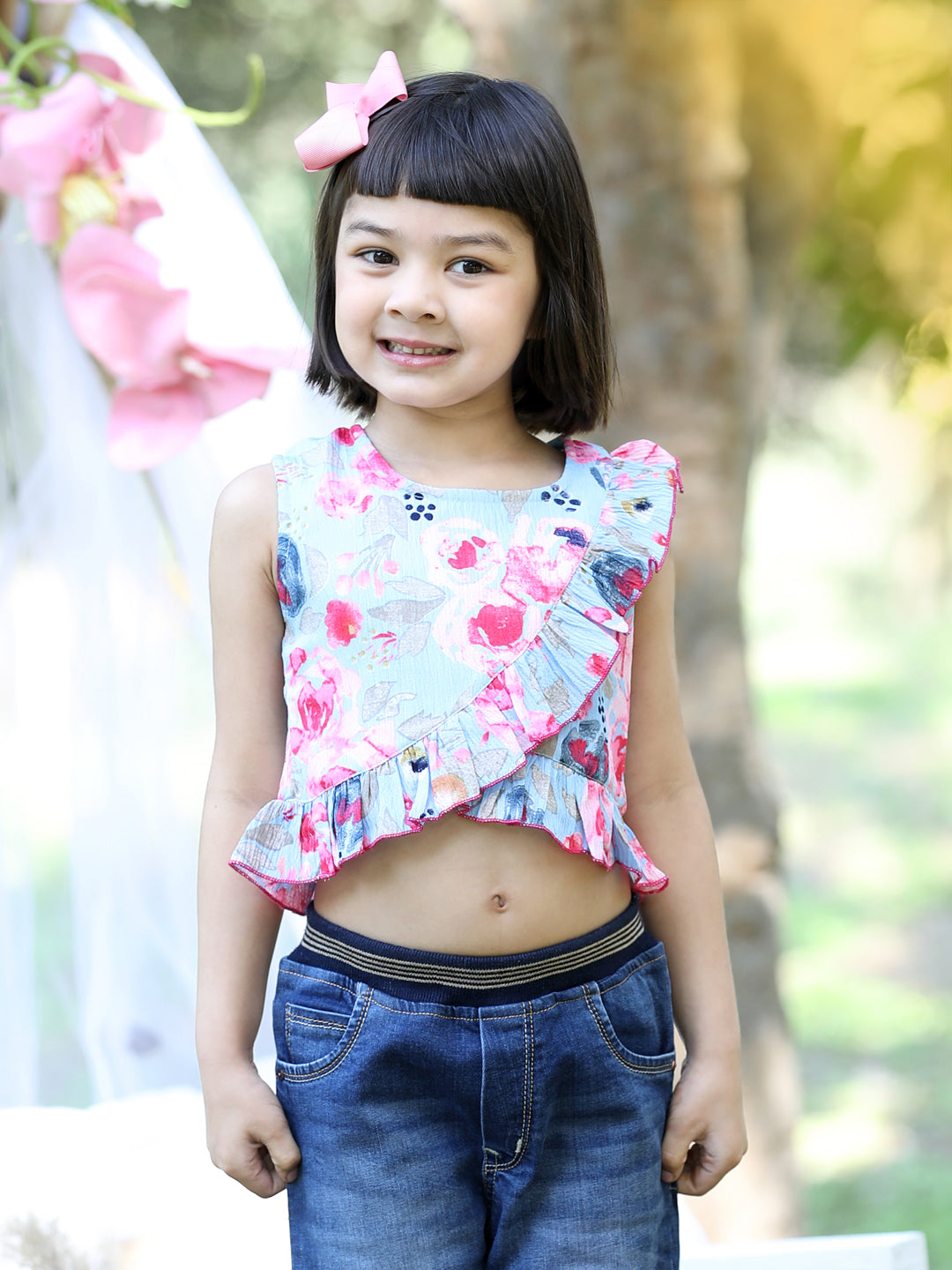 Cutiekins Round Neck Printed Crop Top-Sky Blue & Pink