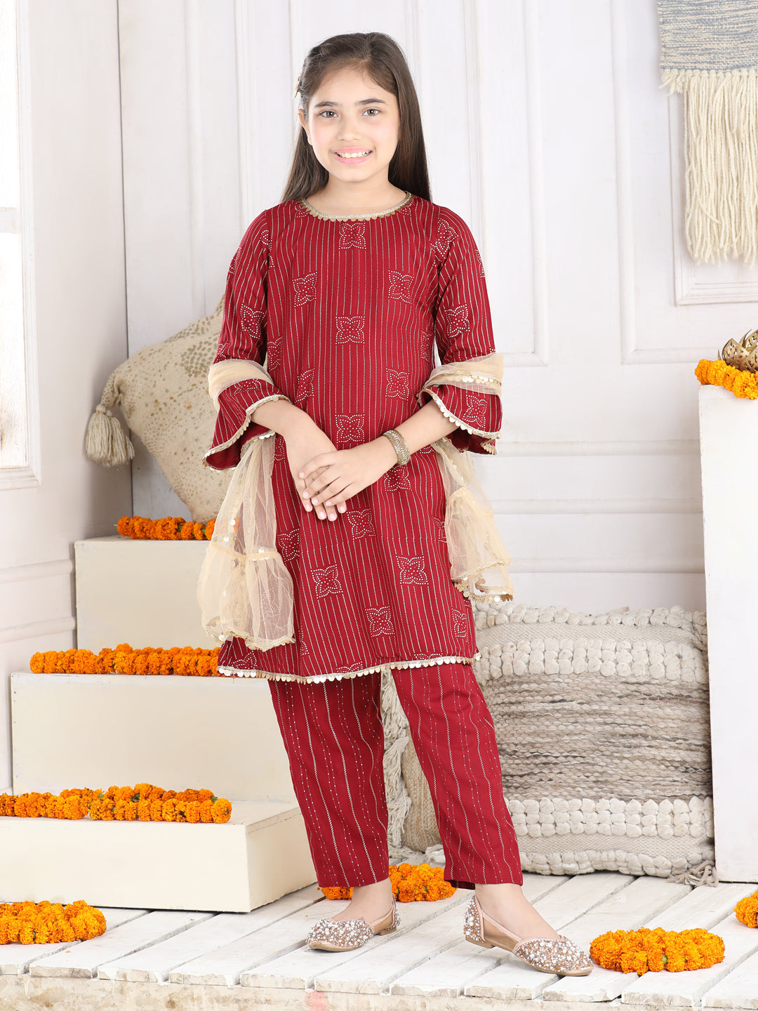 Cutiekins Girls Ethnic Motifs Printed Kurta, Trousers With Dupatta Set- Maroon & Golden