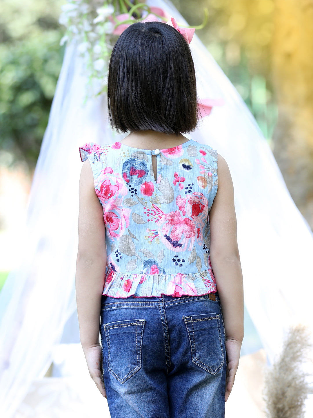 Cutiekins Round Neck Printed Crop Top-Sky Blue & Pink