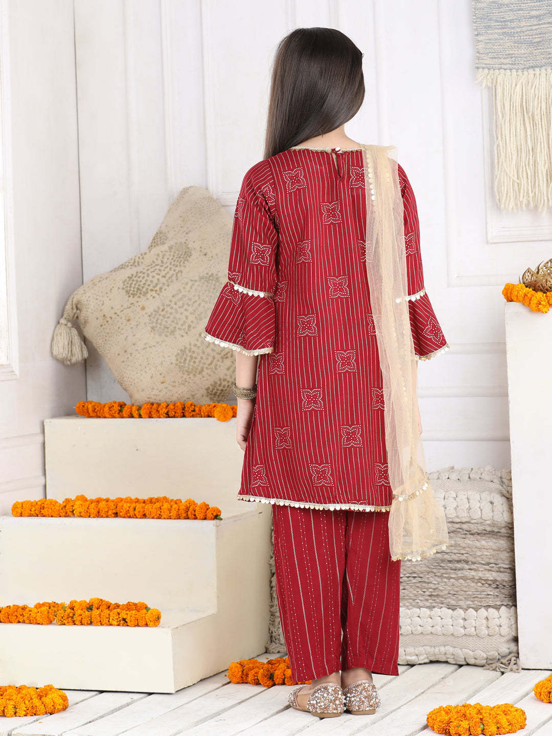 Cutiekins Girls Ethnic Motifs Printed Kurta, Trousers With Dupatta Set- Maroon & Golden