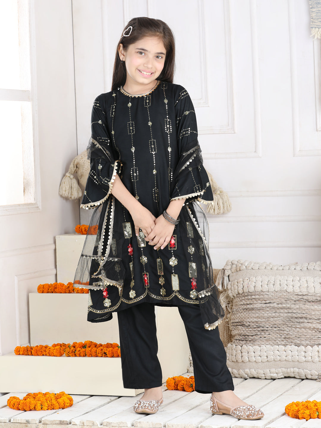 Cutiekins Sequence Embroided A-line Kurta, Palazzo & Dupatta Set-Black & Golden