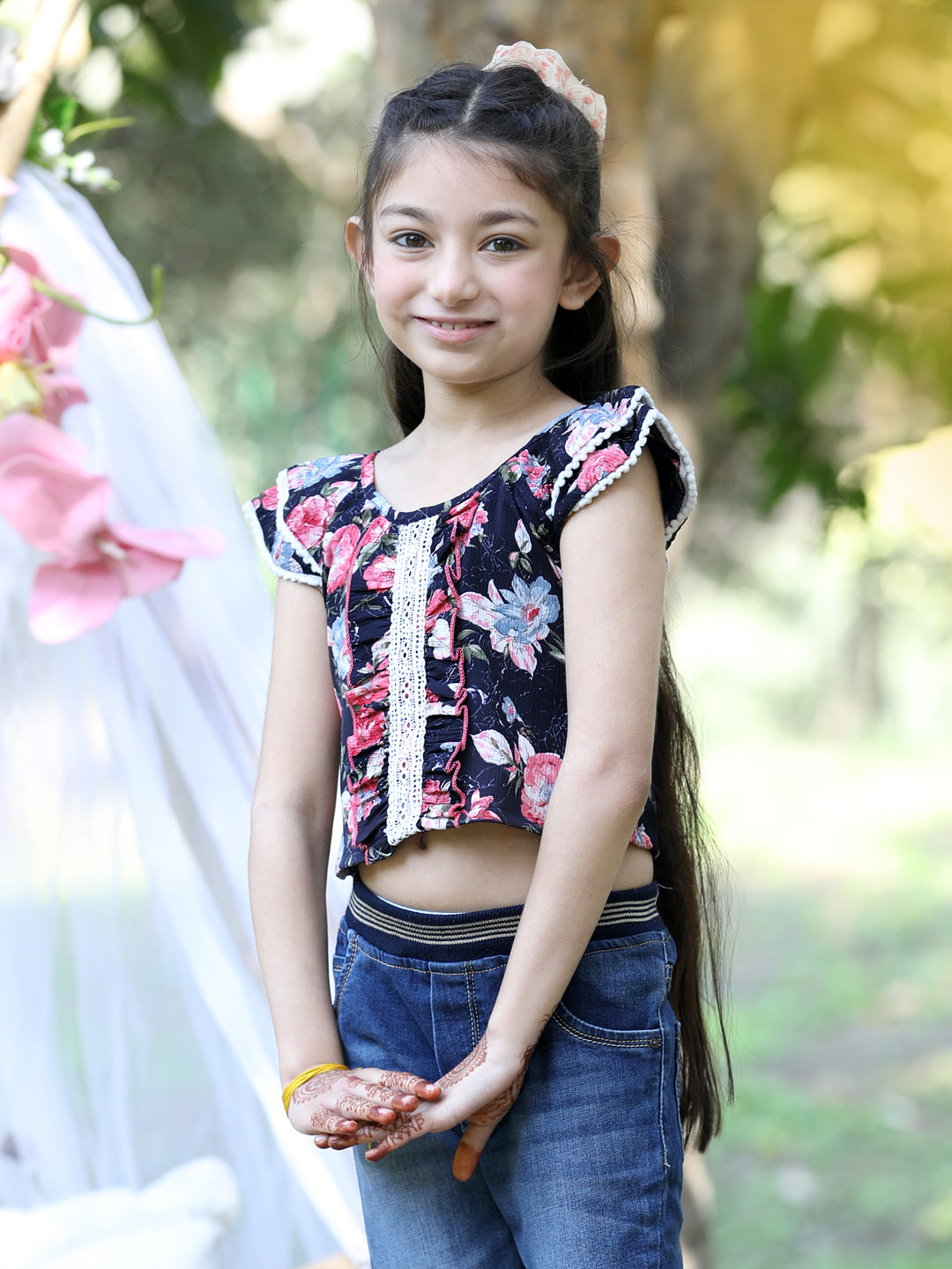 Cutiekins Round Neck Printed Crop Top-Navy Blue & Pink