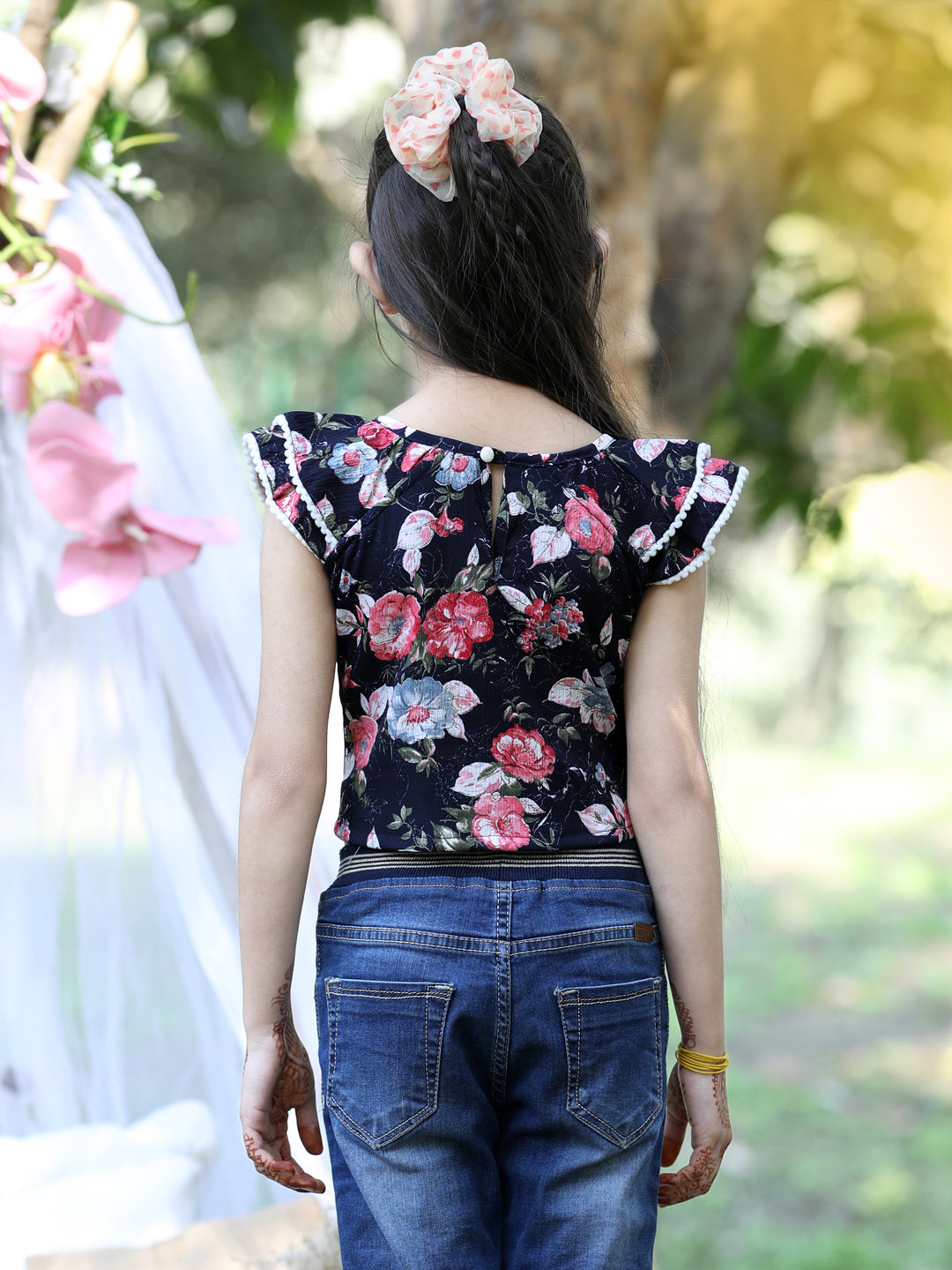 Cutiekins Round Neck Printed Crop Top-Navy Blue & Pink