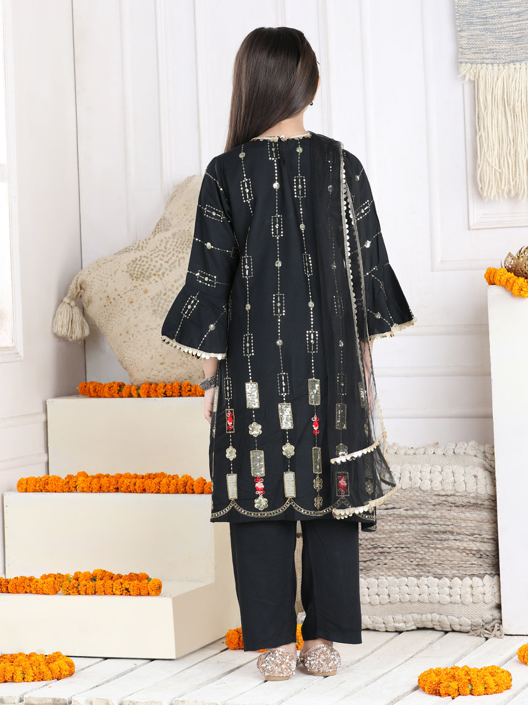 Cutiekins Sequence Embroided A-line Kurta, Palazzo & Dupatta Set-Black & Golden