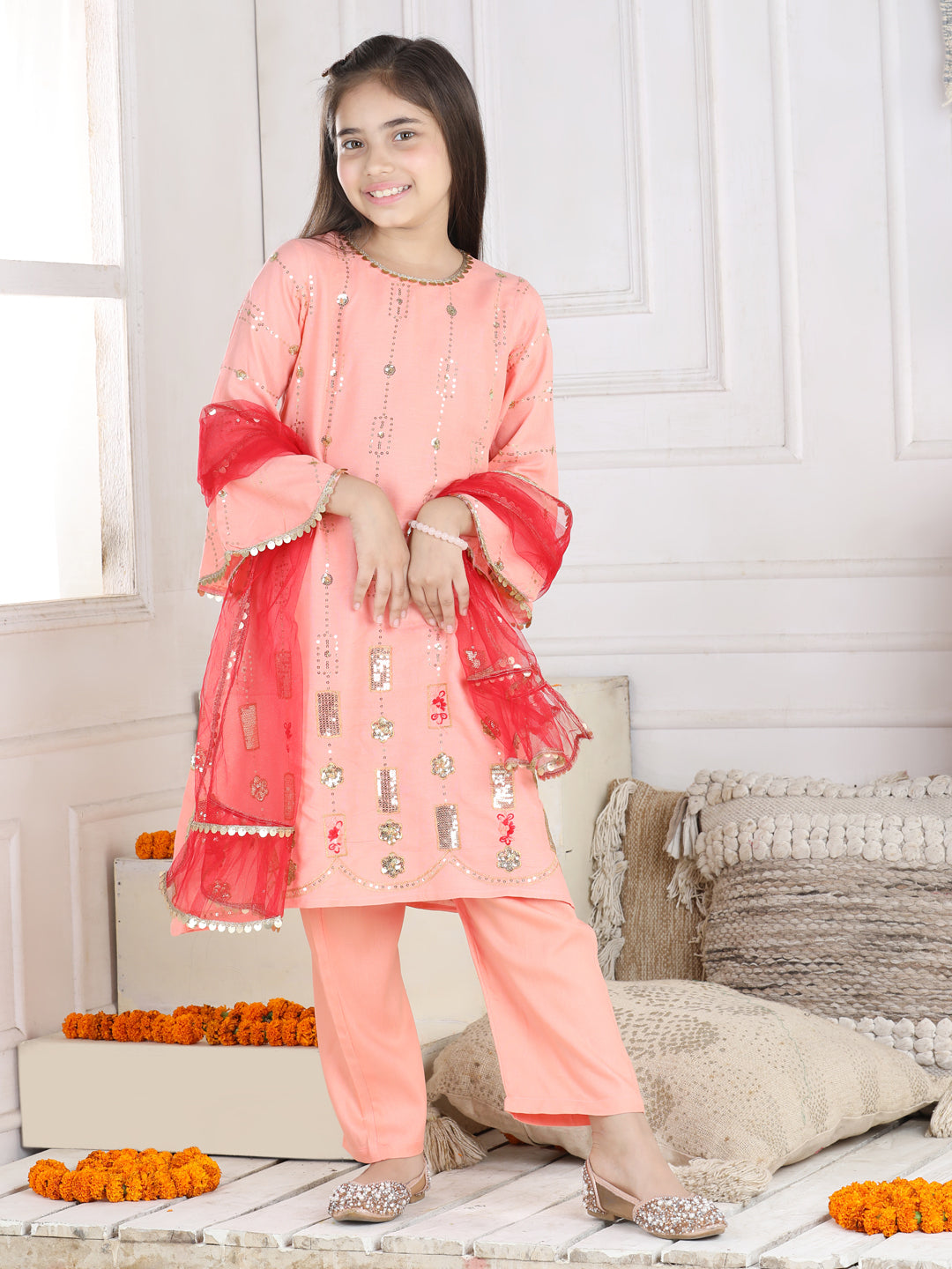 Cutiekins Sequence Embroided A-line Kurta, Palazzo & Dupatta Set-Peach & Golden