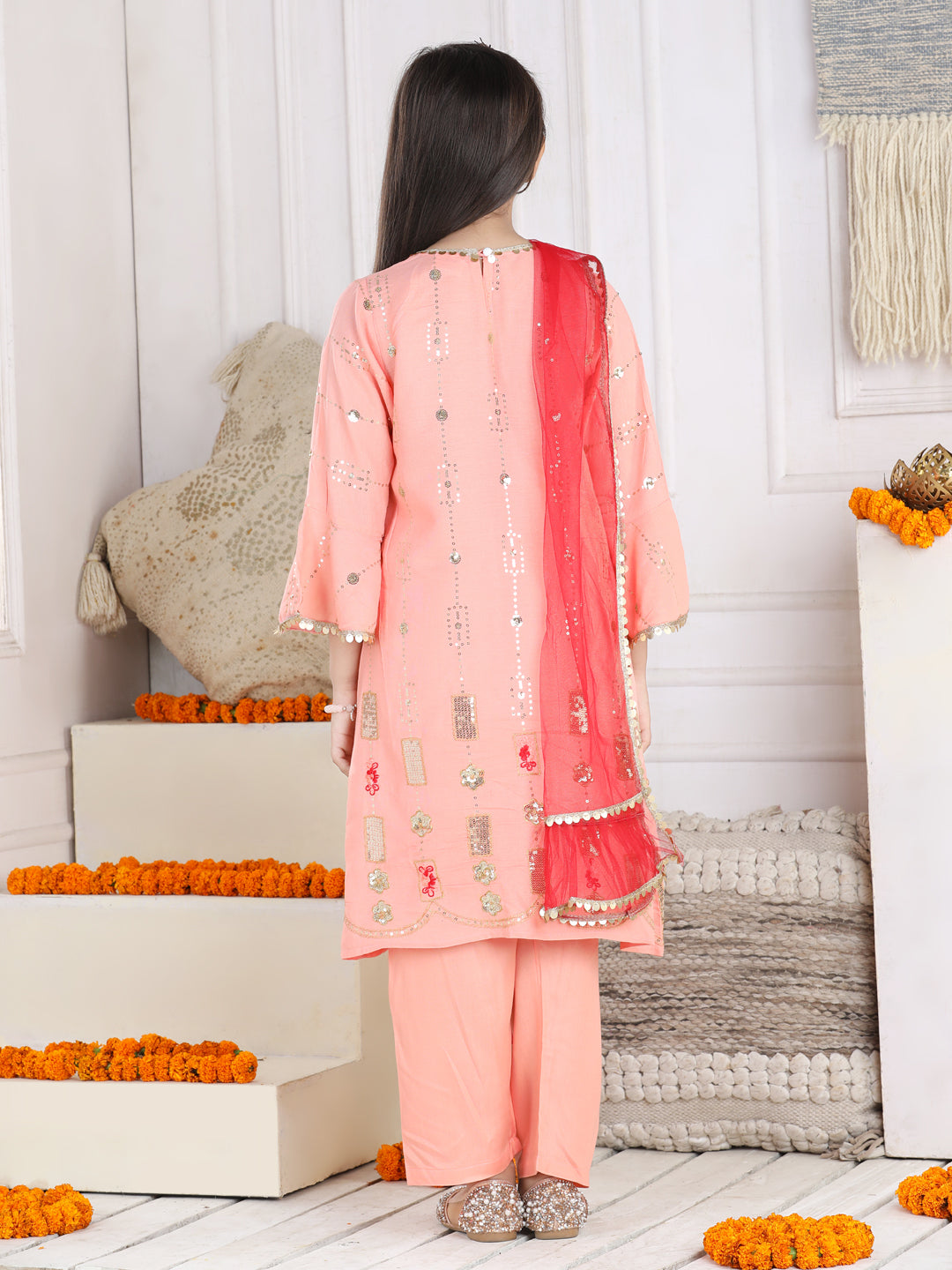 Cutiekins Sequence Embroided A-line Kurta, Palazzo & Dupatta Set-Peach & Golden