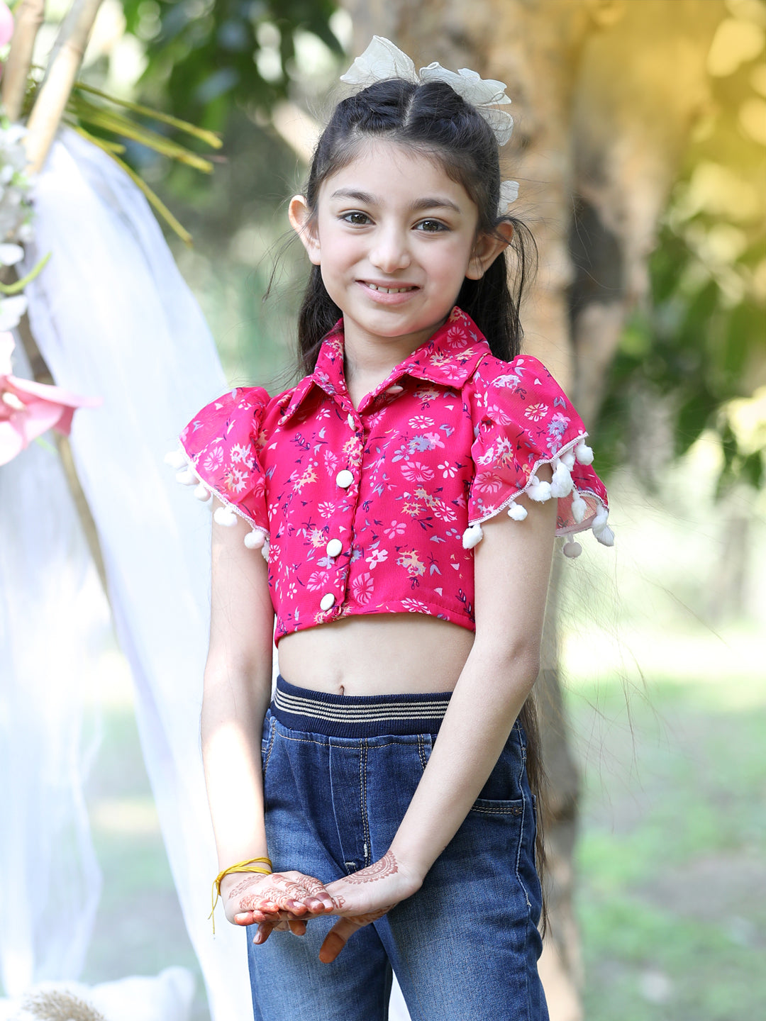 Cutiekins Shirt Collar Printed Crop Top-Pink & White