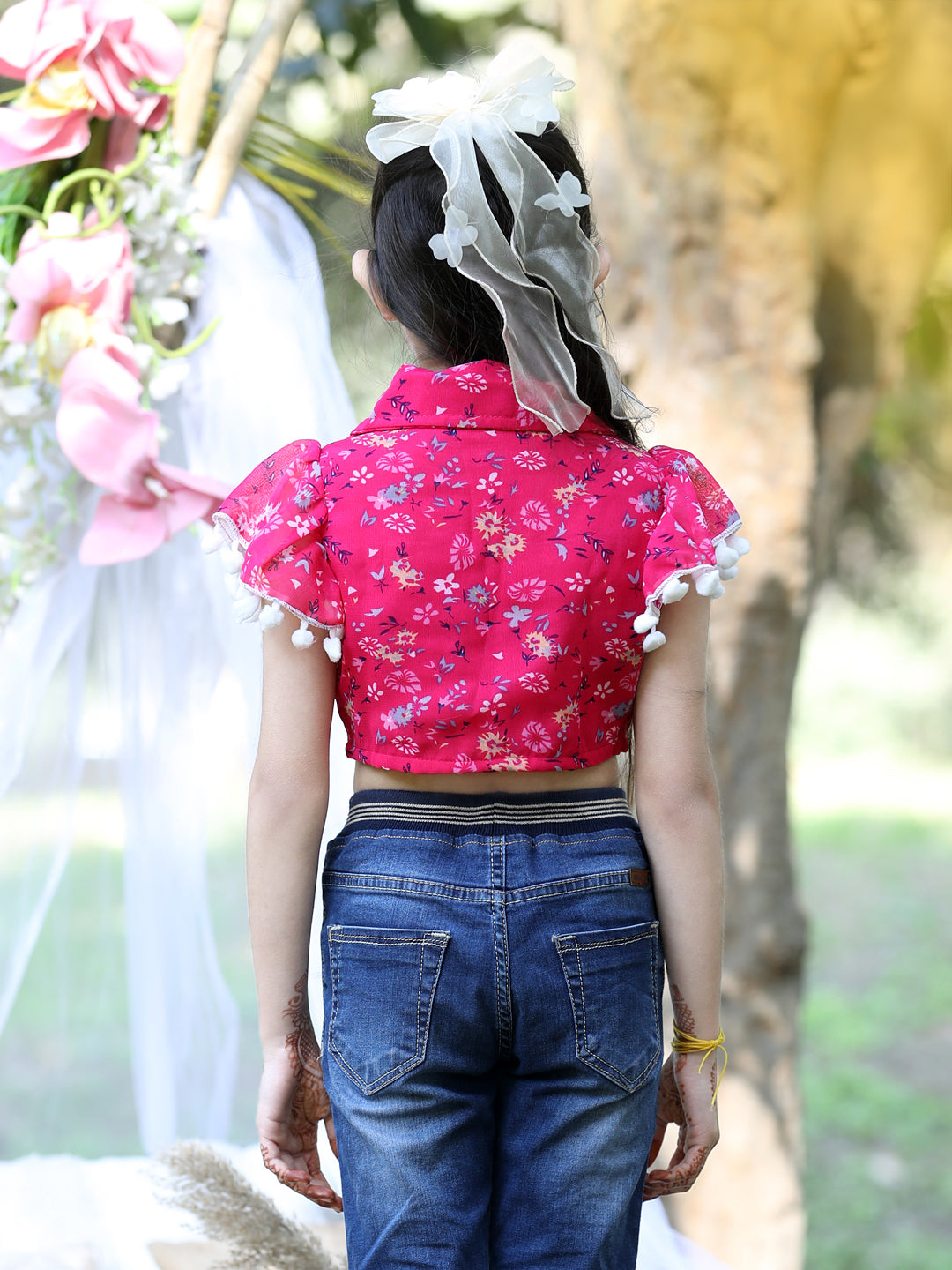 Cutiekins Shirt Collar Printed Crop Top-Pink & White