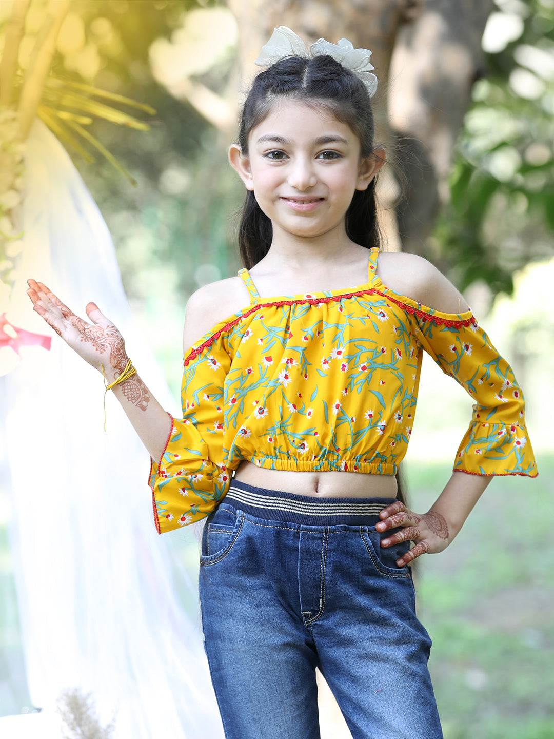 Cutiekins Shoulder Straps Printed Crop Top-Yellow & Green