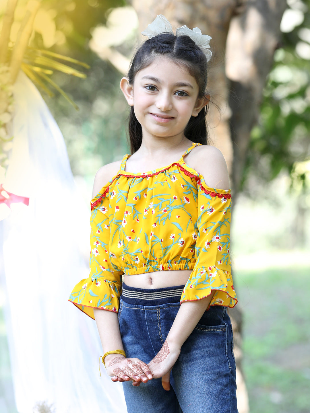 Cutiekins Shoulder Straps Printed Crop Top-Yellow & Green