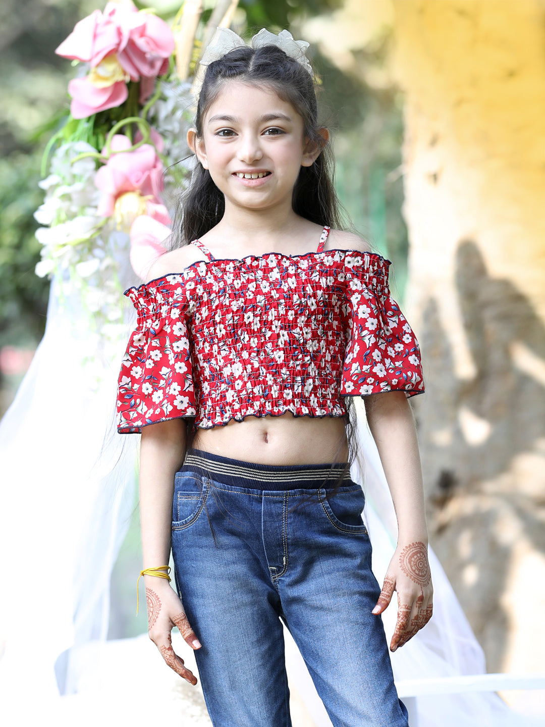 Cutiekins Shoulder Straps Printed Crop Top-Red & White