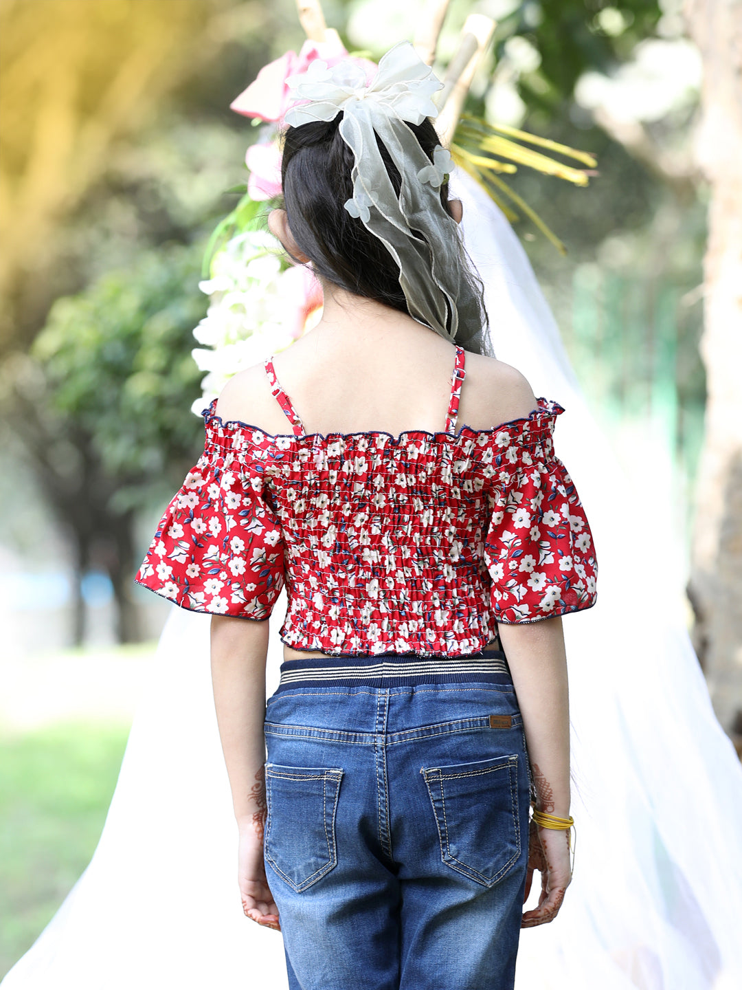 Cutiekins Shoulder Straps Printed Crop Top-Red & White