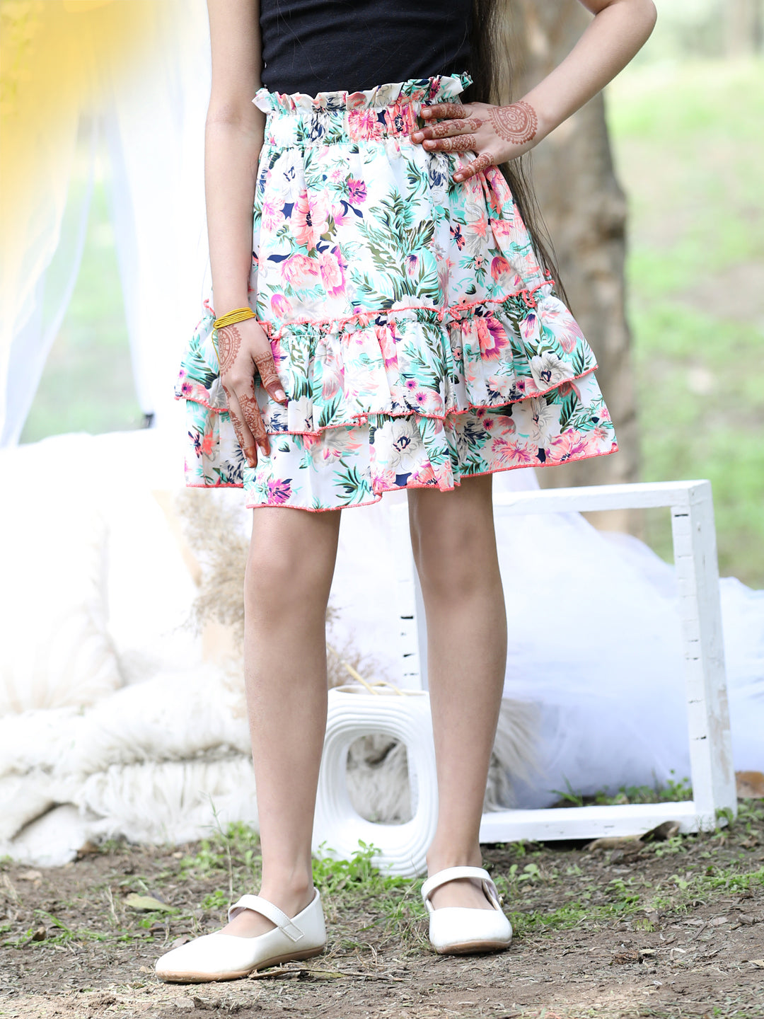 Cutiekins Floral Print Flared Skirts-Off White & Pink
